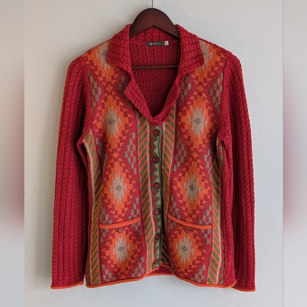 Sol Alpaca 100% Baby Alpaca Button Down, Red Aztec Design, Size M